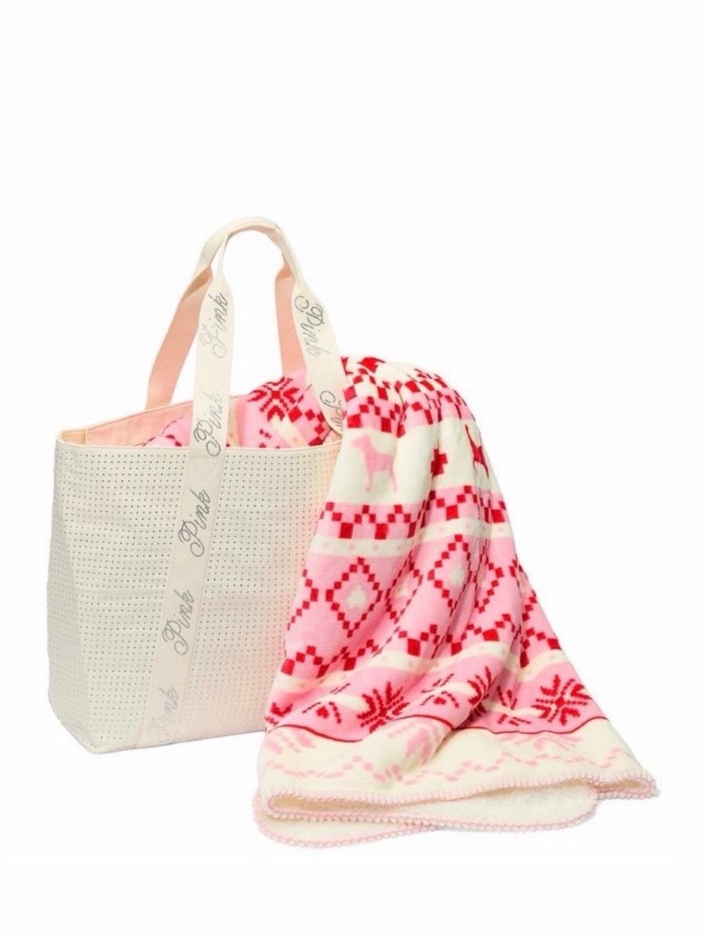PINK Victoria's Secret Bling Cream Tote Bag + Cozy Blanket Throw NWT